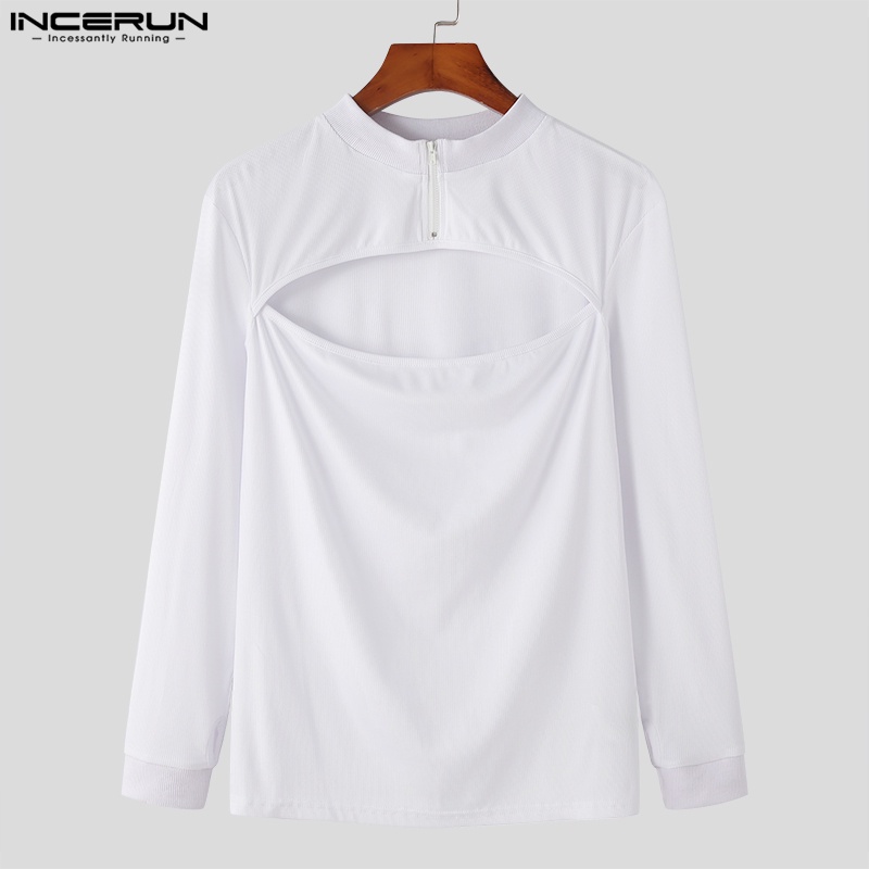 Áo thun INCERUN tay dài màu trơn thiết kế khoét lỗ có khóa kéo thời trang quyến rũ cho nam