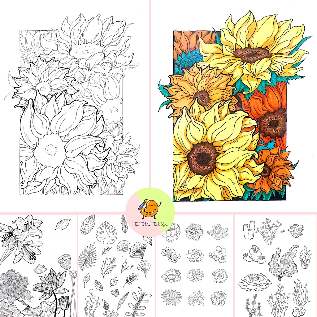 Set 7 Tờ Tranh Tô Màu Hoa Lá Tô Màu Sáp Màu Chì - Tiệm Tô Màu Thanh Xuân