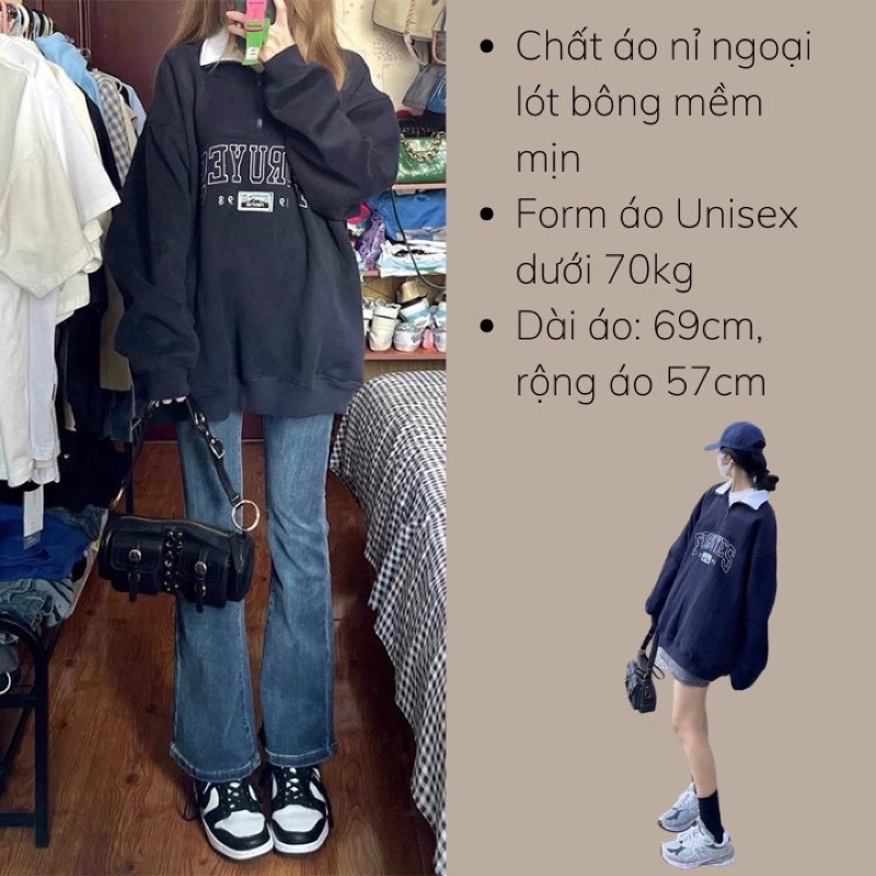 Áo nỉ Sweater nữ Form rộng tay bồng Unisex, áo nỉ cổ cao Polo chất nỉ ngoại in chữ  siêu đẹp GTM Store