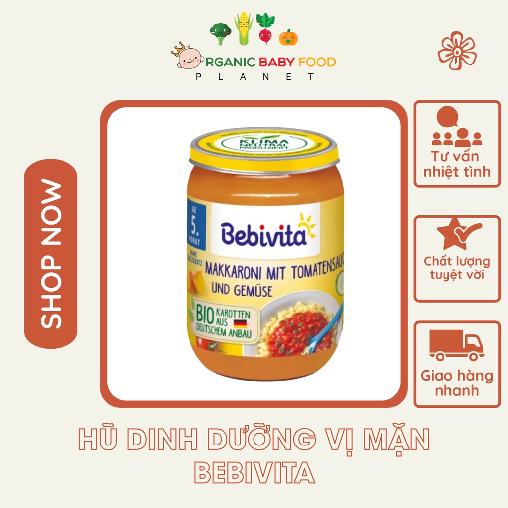 Dinh dưỡng đóng lọ hữu cơ Cháo/ Mỳ/ Nui Bebivita dành cho bé từ 5 tháng 190g hàng nội địa Đức