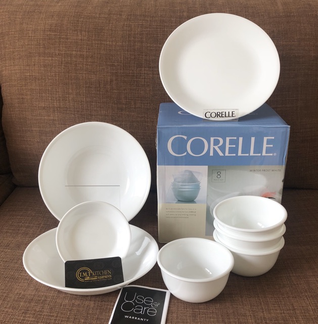 Bộ tô chén dĩa thuỷ tinh Mỹ Corelle 8 món 8 N-LP Winter Frost White