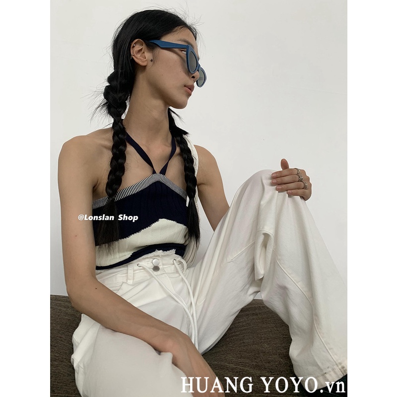 Áo lửng hai dây họa tiết kẻ sọc thời trang Hàn Quốc cá tính dành cho nữ