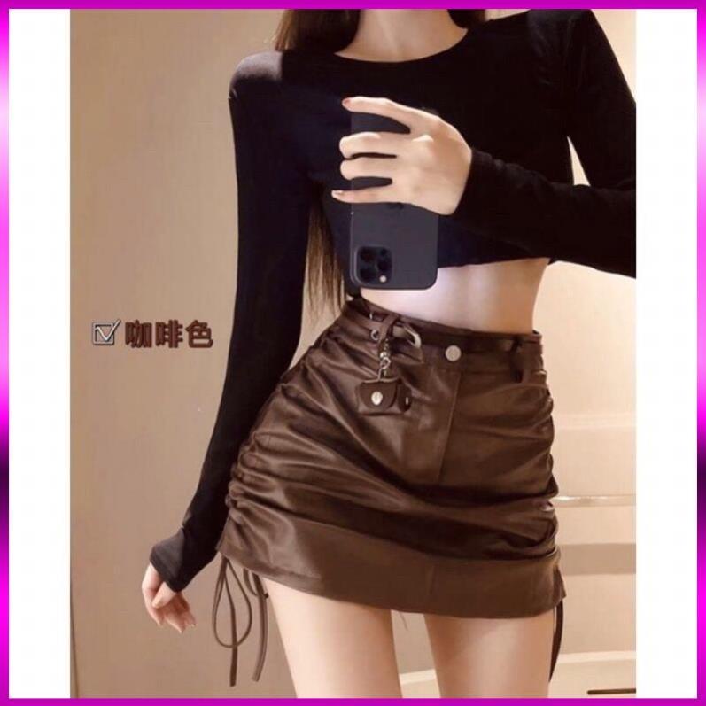 CHÂN VÁY DA RÚT DÂY ULZZANG NGẮN SEXY RÚT DÂY HAI BÊN SƯỜN,CHÂN VÁY CHỮ A BA MÀU ĐEN-NÂU-KEM