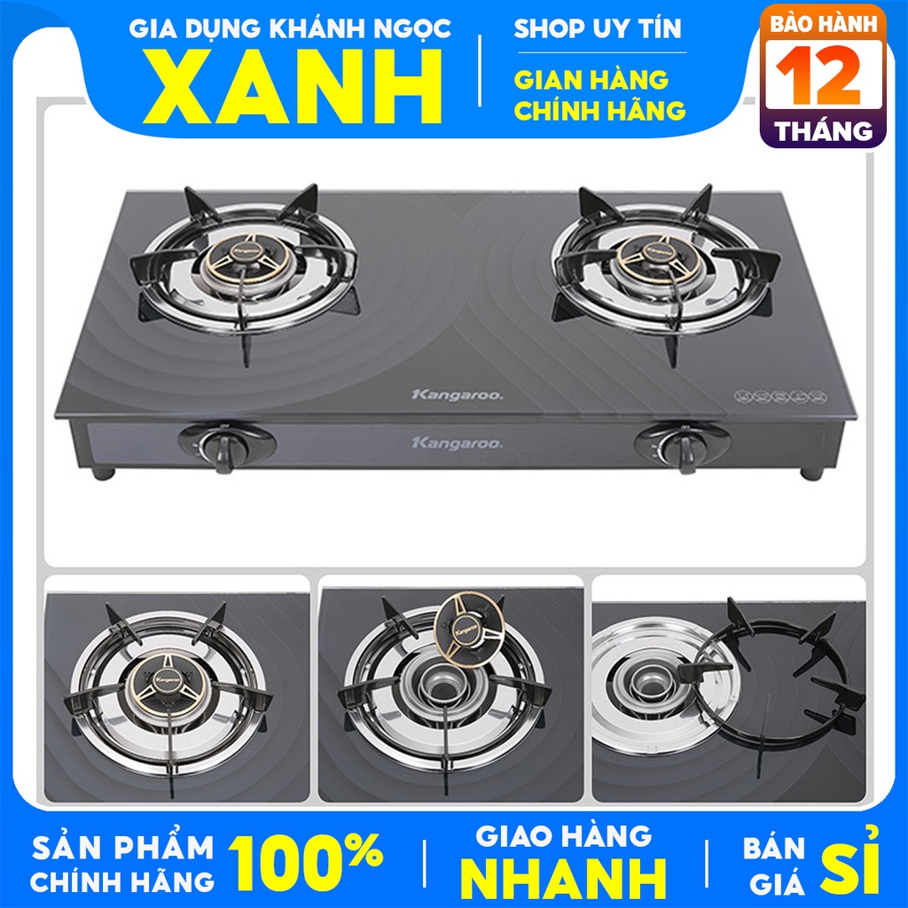 Bếp ga đôi Kangaroo KG519M Hàng trưng bày+Tặng dây gas -Đầu đốt tiết kiệm gas,Chất liệu Đồng thau lửa xanh