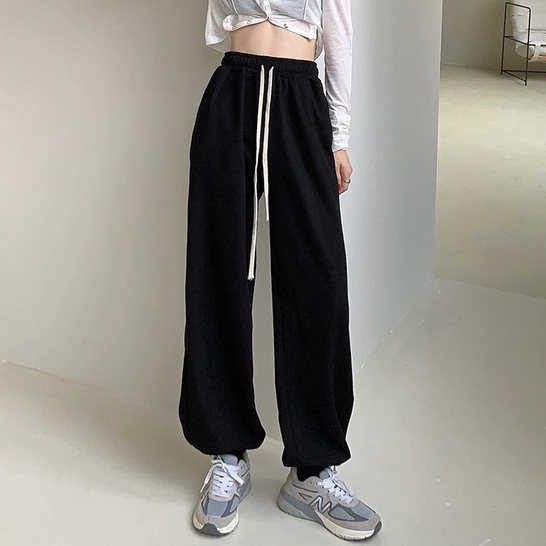 Quần cotton ống rộng cạp cao, quần nỉ cho nữ dây rút phong cách_B9