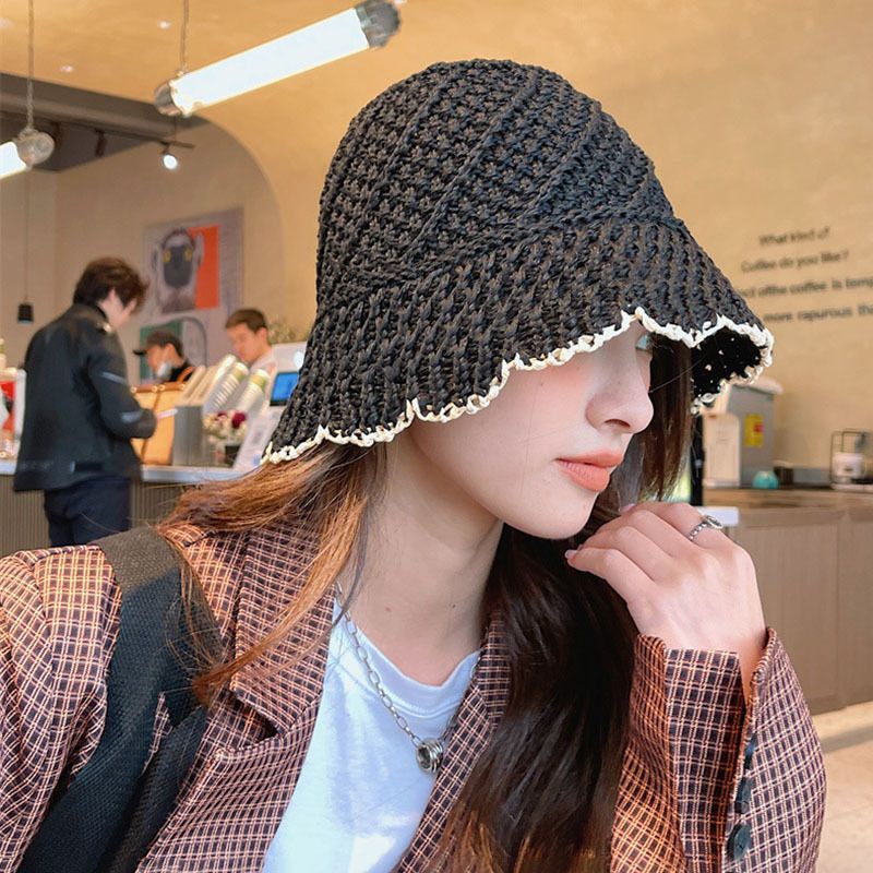 Mũ Bucket Sợi Đan Trơn Dáng Sụp Viền Đen Nữ Tính