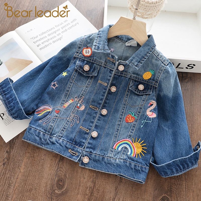 Áo khoác denim BEAR LEADER thêu hình chú gấu hoạt hình dễ thương dành cho bé gái 3-8 tuổi