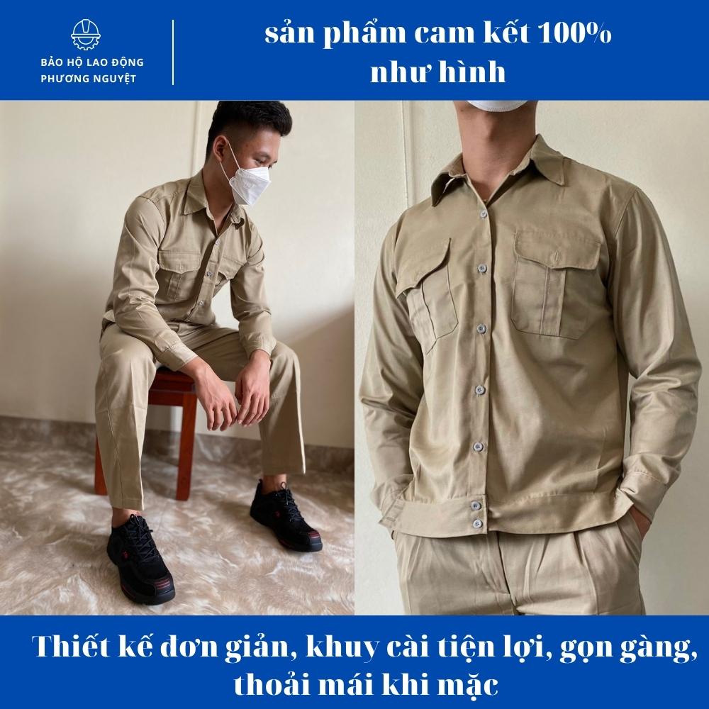 Quần áo bảo hộ lao động màu ghi tối vải kaki 2/1 độ bền cao và thấm mồ hôi tốt không phai màu, không xù, không dão