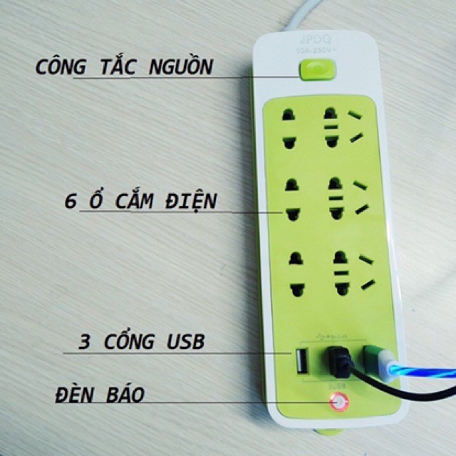 Ổ cắm điện đa năng xanh chống giật có công tắc và đèn gồm 9 lỗ cắm và 3 cổng usb dây dài 1.5 mét, ổ điện usb thông minh