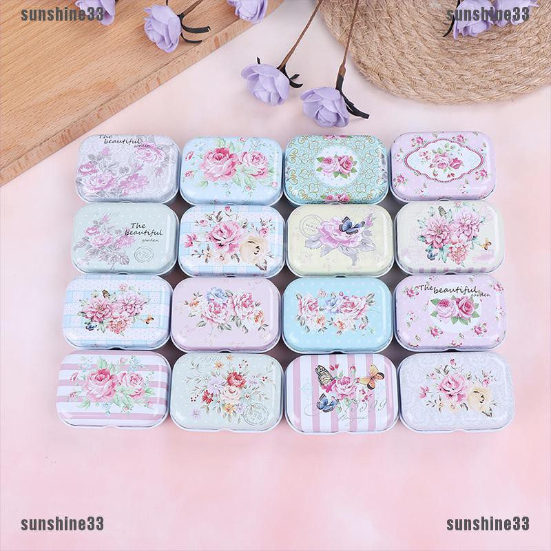 Mini flower tin trinket jewelry coin box tinplate storage case small rectangular