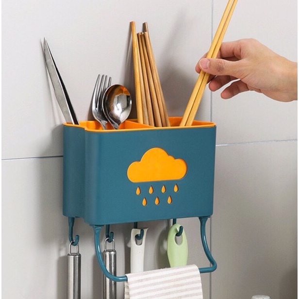 Ống đũa treo tường đám mây tiết kiệm diện tích có móc treo dụng cụ nhà bếp đa năng, tiện lợi