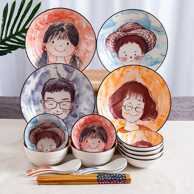 Bát gốm vẽ tay gia đình hạnh phúc phong cách Nhật Bản (hàng nhập khẩu cao cấp)