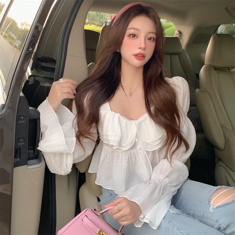 【Hàng Quảng ChâuÁo croptop Zingxu thiết kế bèo tầng bồng bểnh tiểu thư  dáng croptop Quảng Châu Tay Dài