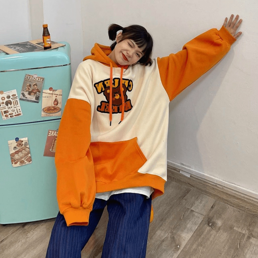 ÁO HOODIE NỮ PHỐI HAI MÀU HỌA TIẾT  GẤU ĐI HỌC NGỘ NGHĨNH XINH LUNG LINH