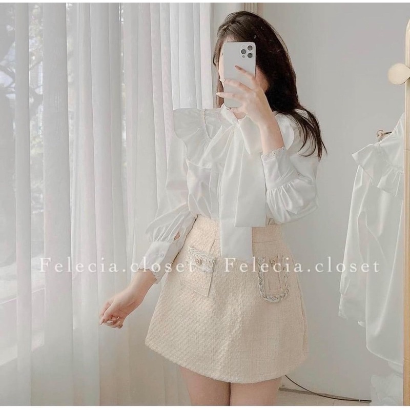 [Mã FAMARAL1 giảm 10K đơn 50K] Áo sơ mi trắng cổ nơ bèo ms85
