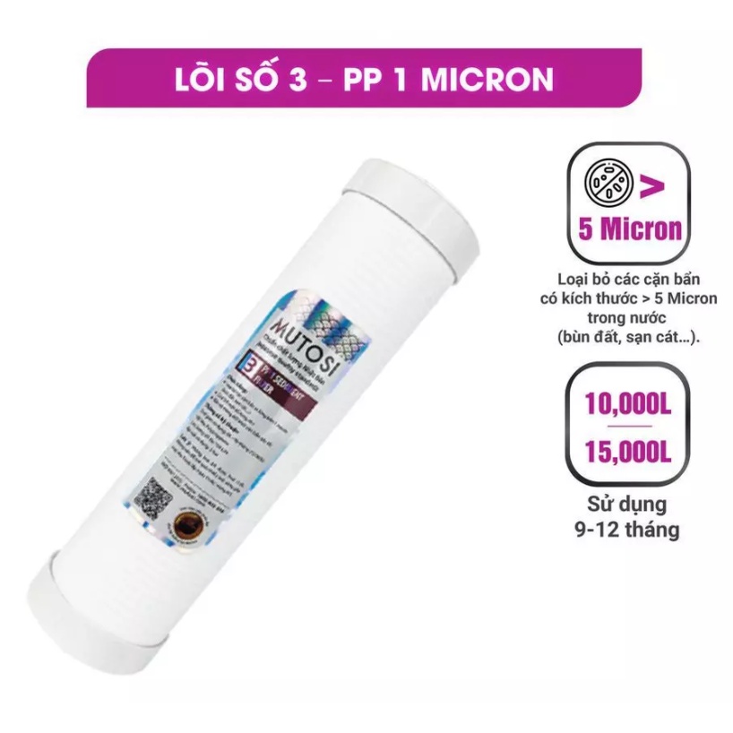 Lõi số 3 – PP 1 micron, máy lọc nước mutosi chính hãng, dùng cho máy lọc nước RO