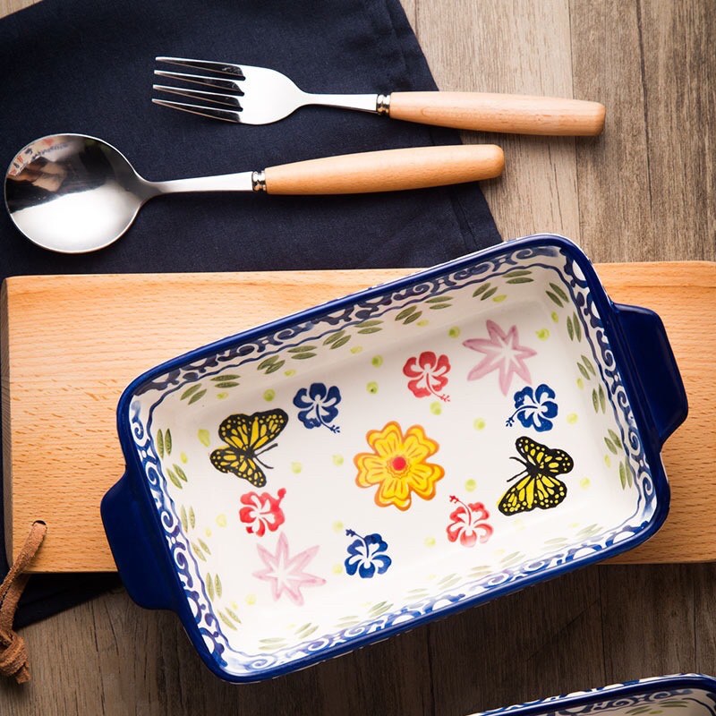 Khay sứ chữ nhật 2 tai hoa bướm
