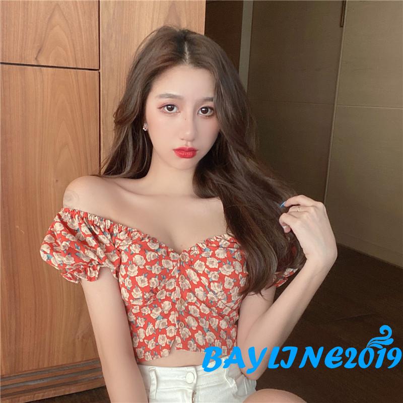 Áo croptop tay ngắn cổ chữ V họa tiết hoa phong cách thời trang