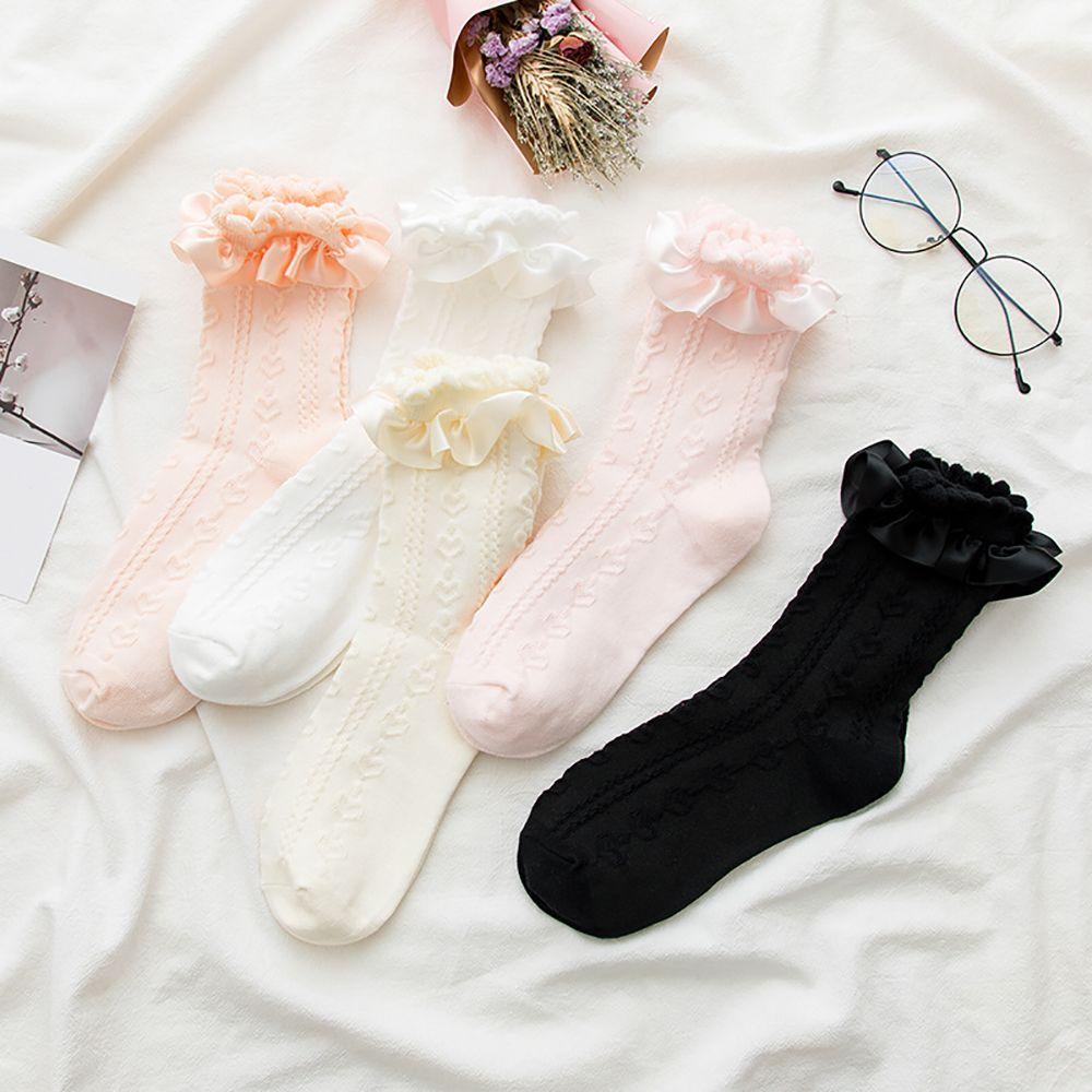 IVORY Vớ Cotton Cổ Trung Mềm Mại Màu Trơn Phối Bèo Dễ Thương Cho Nữ