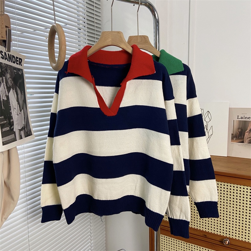 Áo Sweater Dệt Kim Cổ POLO Dáng Rộng Kẻ Sọc Màu Tương Phản Kiểu Hàn Quốc Thời Trang Thu Đông Cho Nữ