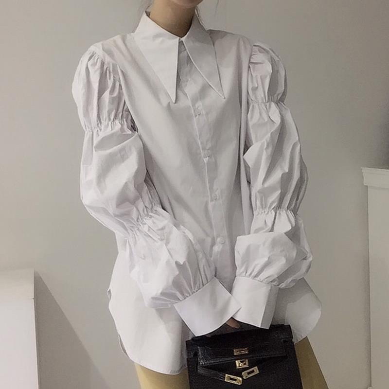 Áo sơ mi oversize cổ nhọn tay phồng bo chun cá tính thanh lịch cho nữ