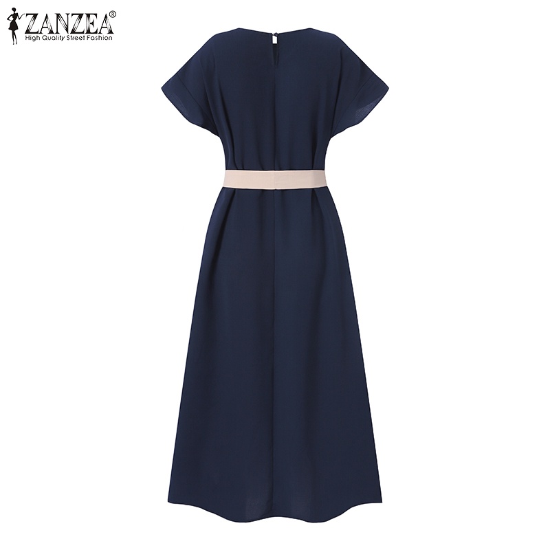 Đầm maxi Zanzea tay ngắn dáng rộng phối màu tương phản thời trang thanh lịch cho nữ