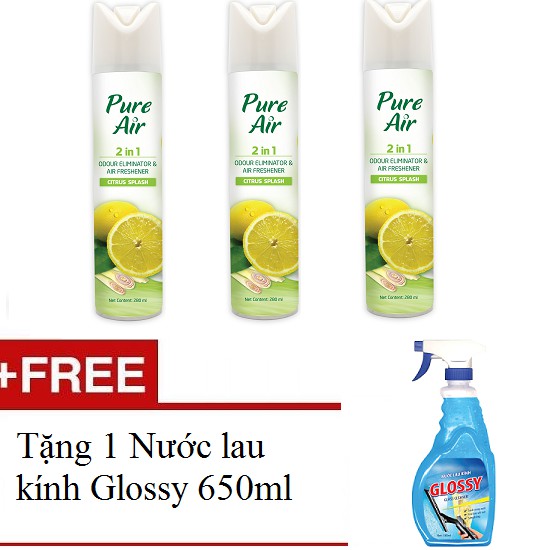 Combo 3 Xịt phòng Pure Air Sả chanh - tặng 1 Nước lau kính Glossy 650ml