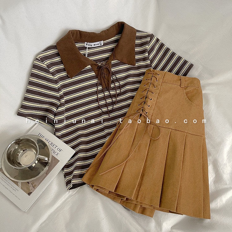 Set Áo Thun + Chân Váy Mỏng Họa Tiết Kẻ Sọc Thời Trang Mùa Hè 2022 Mới Cho Nữ