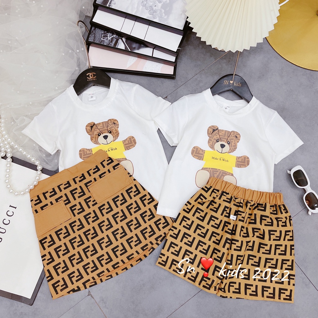 Bộ cộc tay bé trai, bé gái, cặp bộ đồng phục Fendiii vàng hot cho bé size 10-35kg