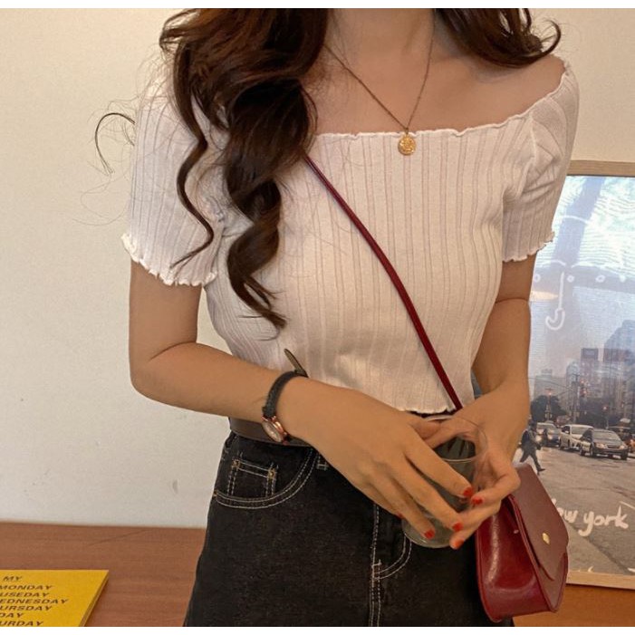 Áo croptop nữ, Áo ngắn tay nữ trễ vai sành điệu, hàng dệt kim xịn xò | BigBuy360 - bigbuy360.vn