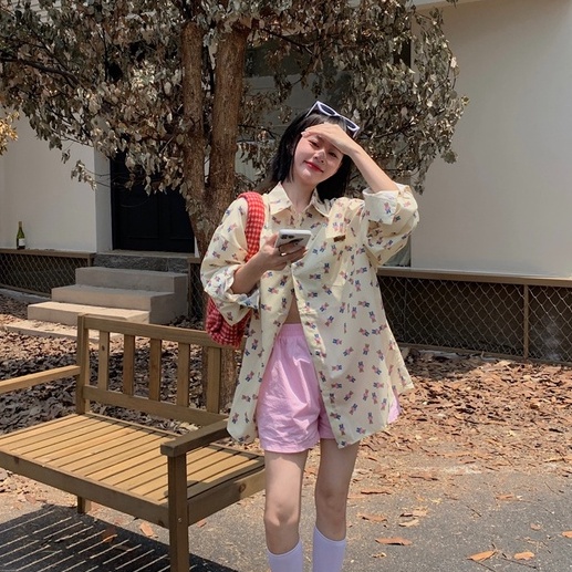 ZHELIHANGFEI Áo Sơ Mi Tay Dài Dáng Rộng In Hình Gấu Dễ Thương