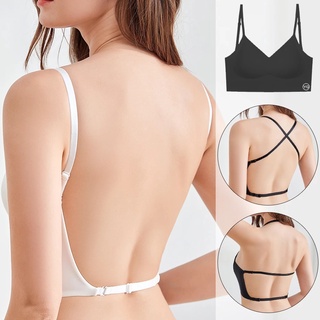 Image of Comfortable Breathable Elastic Underwear with Fixed Padded Invisible Sexy Thin Strap Tube Top Backless U-shaped Seamless Ice Silk Camisole Women's Adjustable Beautiful Back Bra