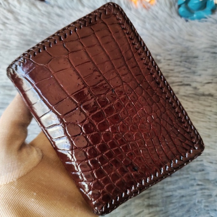 Ví Da Cá Sấu Thủ Công 2 Mặt | Ví Cá Sấu Đan Viền Da Bụng Dáng Đứng | Màu Nâu | Bảo Hành 24 Tháng