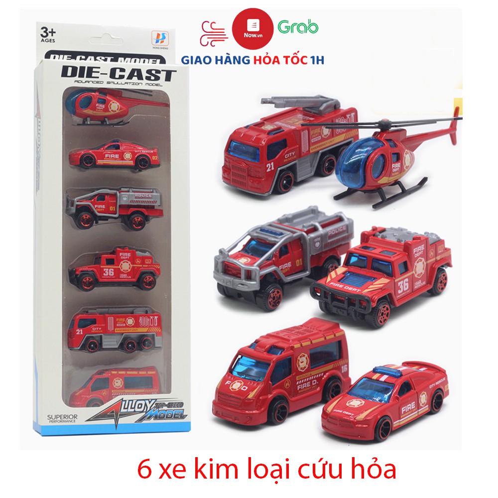 Đồ chơi ô tô xe cứu hỏa KAVY bằng kim loại gồm 6 xe màu đỏ