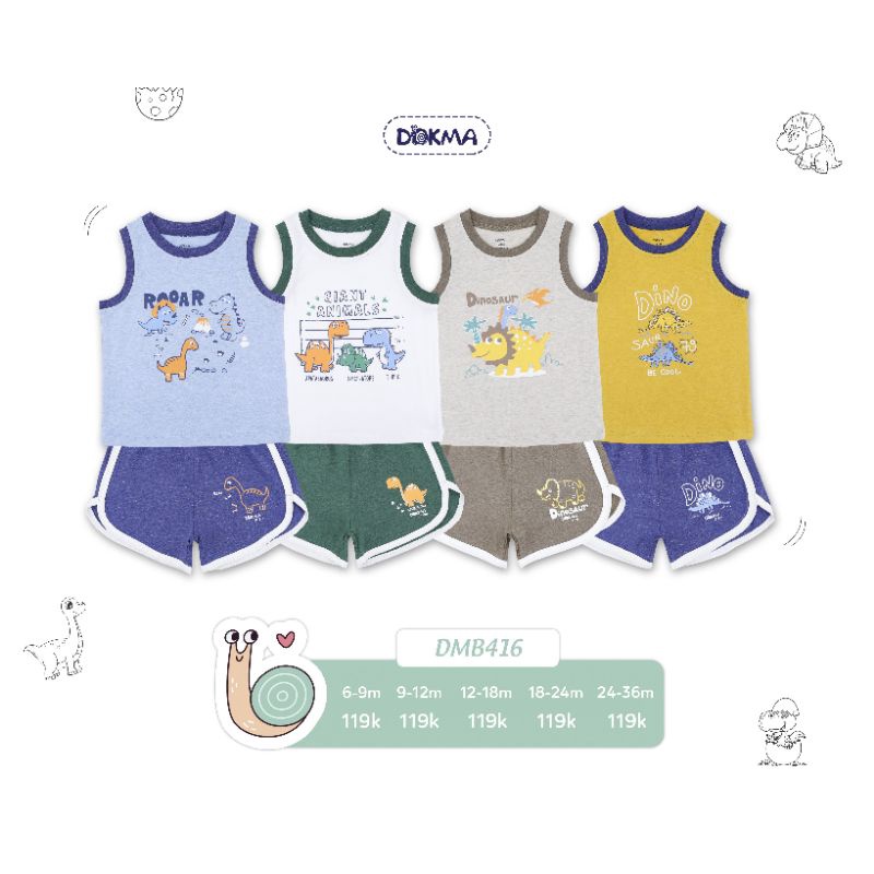 DOKMA 2022 - Bộ Ba Lỗ họa tiết khủng long cho bé trai, bé gái từ 6M đến 3Y