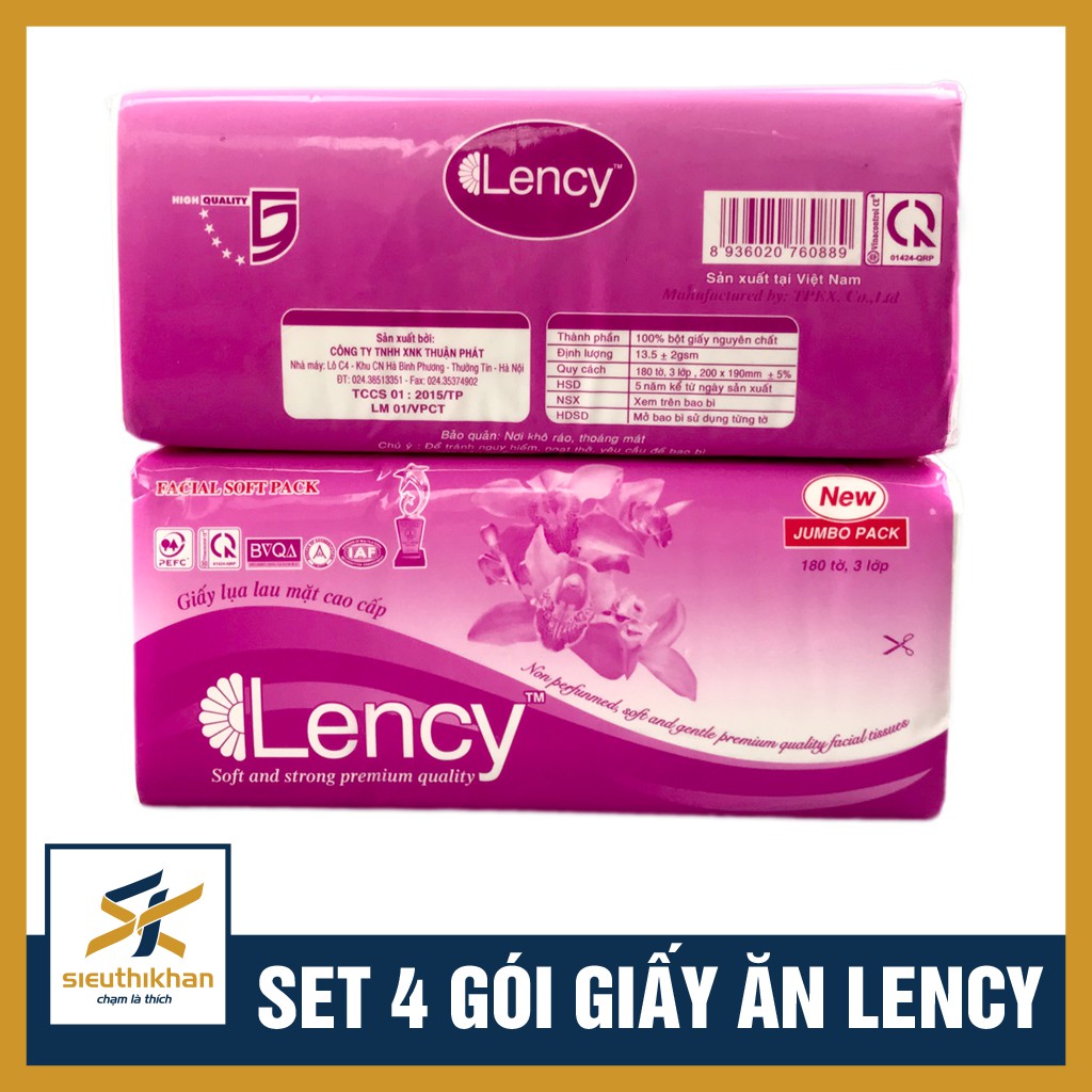 SET 4 GÓI GIẤY ĂN RÚT LENCY 180 TỜ, 3 LỚP, KÍCH THƯỚC 20X19CM