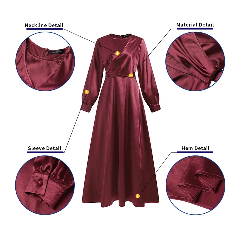 ZANZEA Women Muslim O-Neck Party Solid Satin Lace-Up Elegant Full Sleeve Casual Holiday Swing Maxi Dress