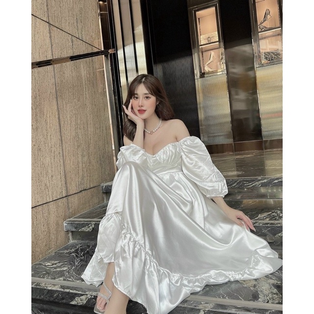 Đầm váy phi satin trắng dài xoè nhẹ cúp ngực hở/bẹt/trễ/rớt vai, thời trang tiểu thư sang trọng quý phái đi chơi dự tiệc