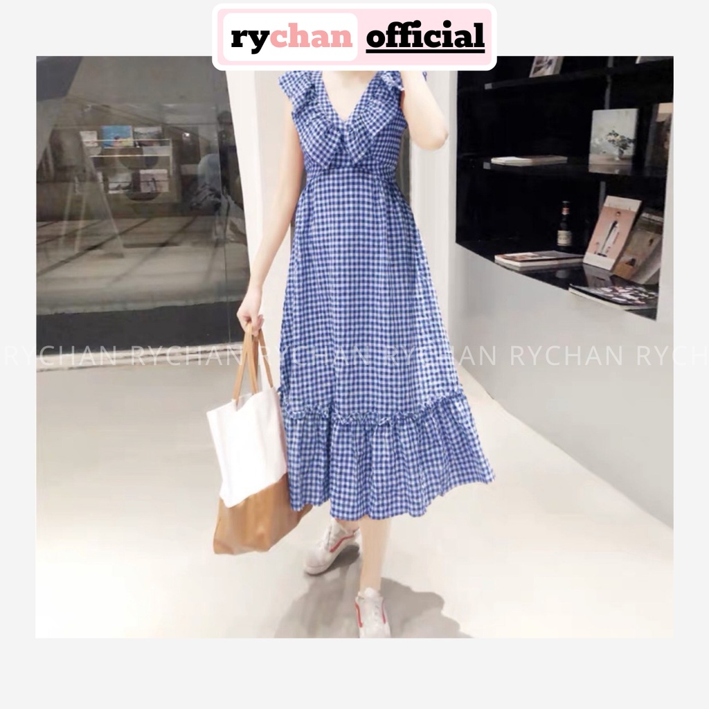 Đầm Dạo Biển Maxi Caro Đuôi Cá Nơ Sau Phối Bèo 2 Màu Xanh Đỏ - DM016