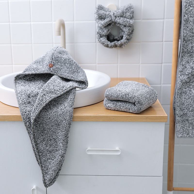 Khăn lau/ mũ trùm đầu SUPO DEPOT dùng sấy khô tóc bằng sợi than tre mềm mại nhanh khô thoải mái