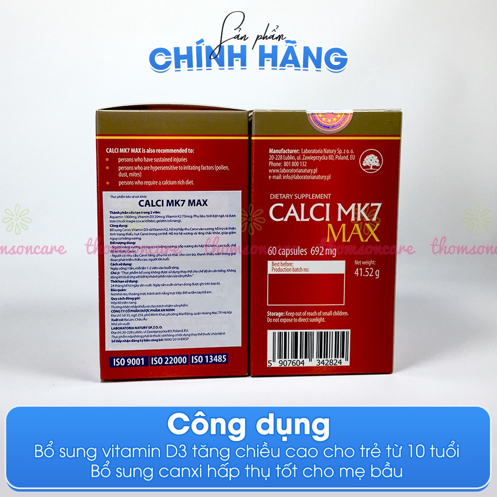 Canxi hữu cơ tăng chiều cao từ tảo biển đỏ Calci Mk7 từ Châu Âu, có thêm D3 và K2 giảm loãng xương cho mẹ bầu