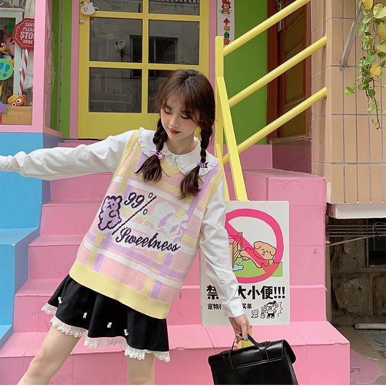 Áo dệt kim không tay in hoạt hình đáng yêu thời trang Nhật Bản