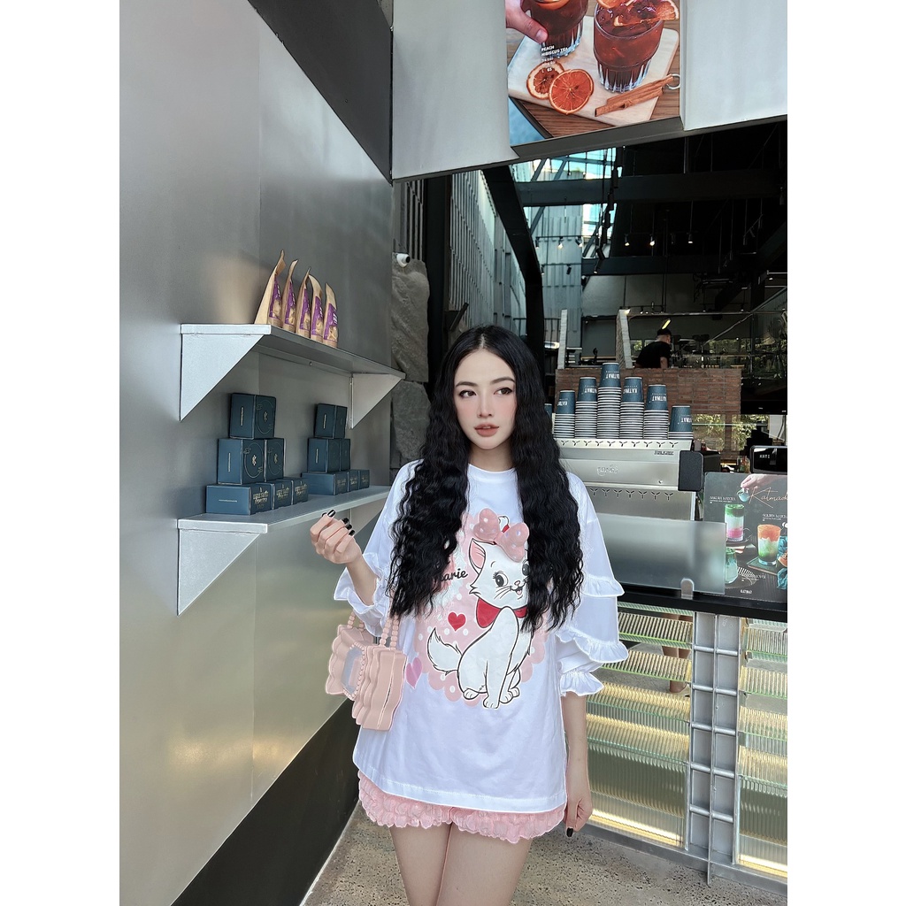 Set Áo Thun Dài Tay In Hình Mèo Cài Nơ Phối Quần Đùi Xốp Dễ Thương - HN447