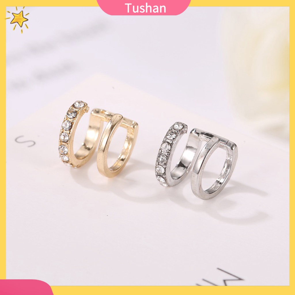 TUSH 1Pc Women Rhinestone Double Layer Ear Cuff Clip On Earring Non Piercing Jewelry