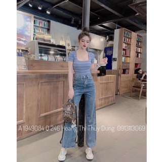 Áo thun kẻ xanh cộc tay cổ u chất đẹp hotrend
