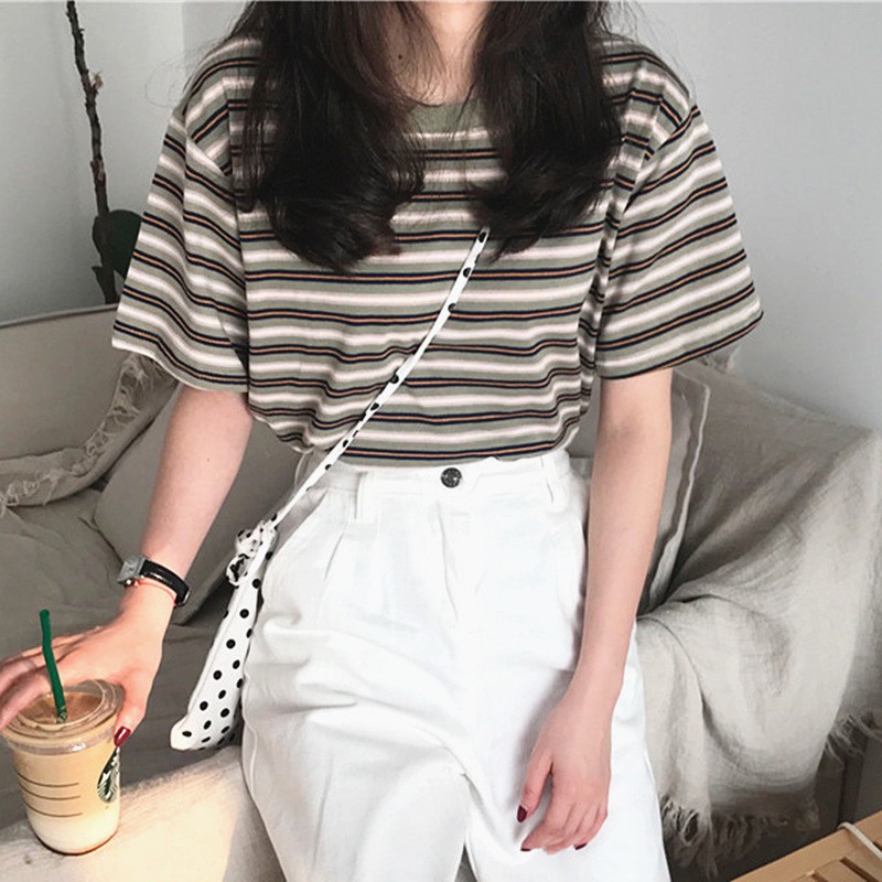 Women's Fashion Summer Casual T Shirt Short Sleeve O-Neck Korean Style Striped Loose Tee