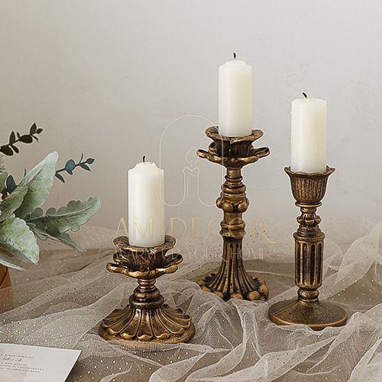 Đế giữ nến, chân nến màu vàng đồng giả cổ decor trang trí phòng khách, phòng ngủ sang trọng - AM Decor