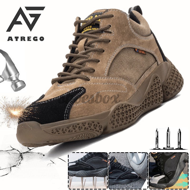 AtreGo Mens Suede Leather Work Safety Shoes Steel Toe Anti-puncture Climbing