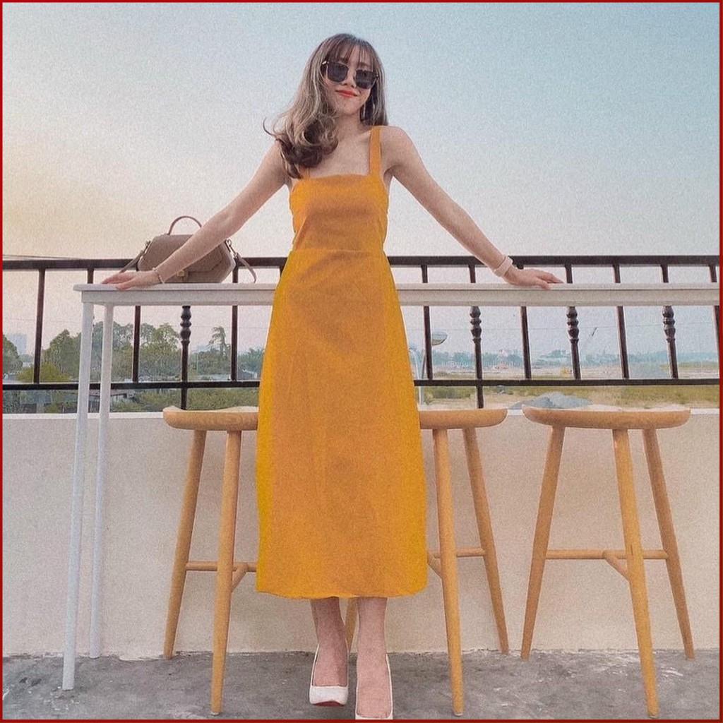 Đầm Maxi Đi Biển COBI Váy Maxi Hở Lưng Dài Qua Gối Cổ Vuông Màu Vàng Có Mút Ngực Đẹp Thời Trang Dưới 53kg