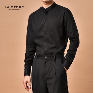 [ROUTINE] Áo sơ mi cổ trụ đen form regular vải cotton tencel cao cấp